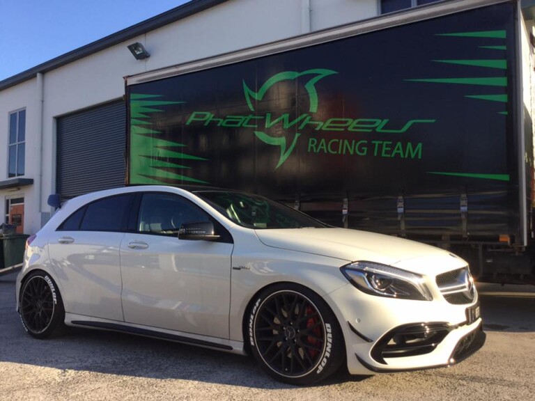 AMG A45 with white letter Dunlop tyres and lowered springs