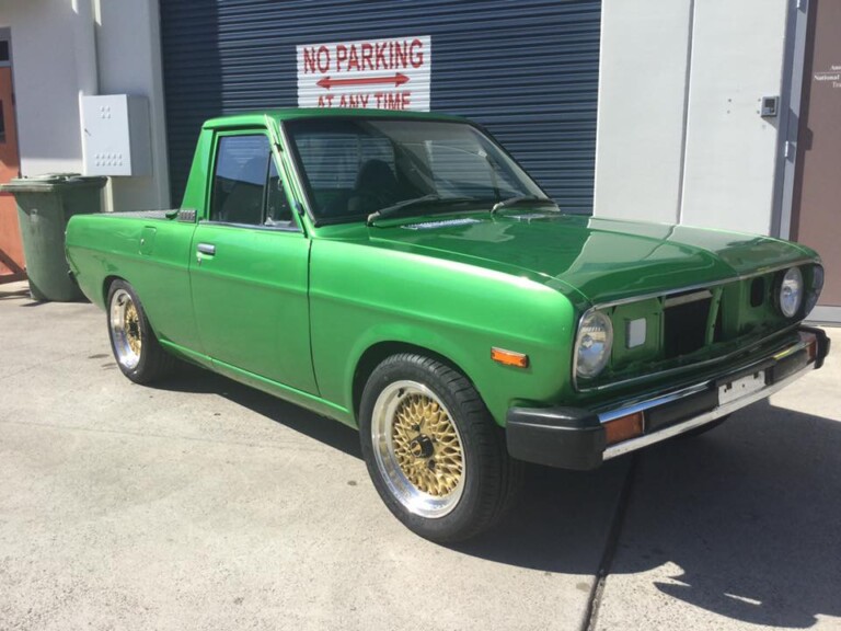 Datsun 1200 ute with staggered 15-inch OS mesh wheels