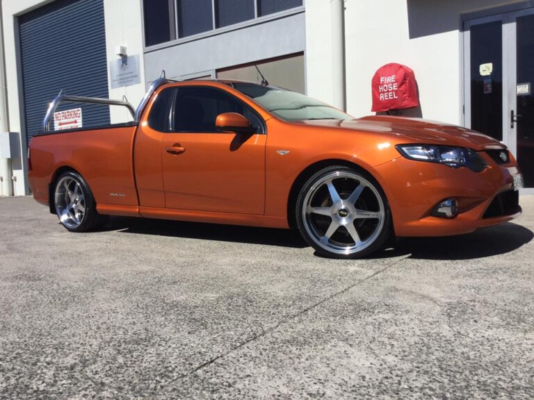 Falcon ute with 20-inch MK Motorsports Jagger wheels with machined finish