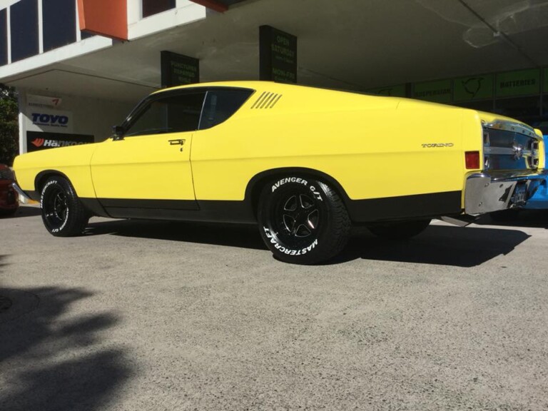 Ford Torino with staggered 15-inch Street Pro wheels in black with milled spokes