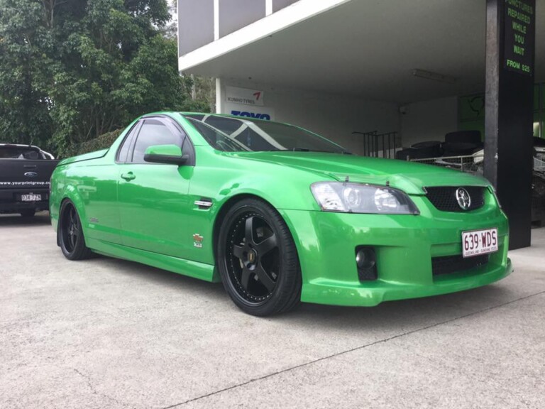 Holden SS ute with Simmons FR20 wheels in full satin black, staggered size, and XYZ coilovers