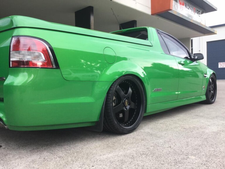 Holden SS ute with Simmons FR20 wheels in full satin black, staggered size, and XYZ coilovers