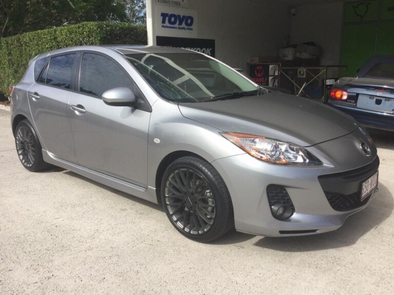 Mazda 3 with KMC Maze 18-inch wheels in pearl grey and gloss black face