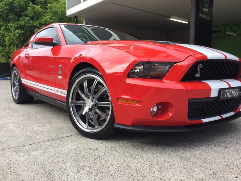 Mustang GT500 with custom 20-inch staggered American Racing VN407 wheels with centre spin lock caps and Mickey Thompson ET Street drag radials on the rear, Nitto Invo tyres up front