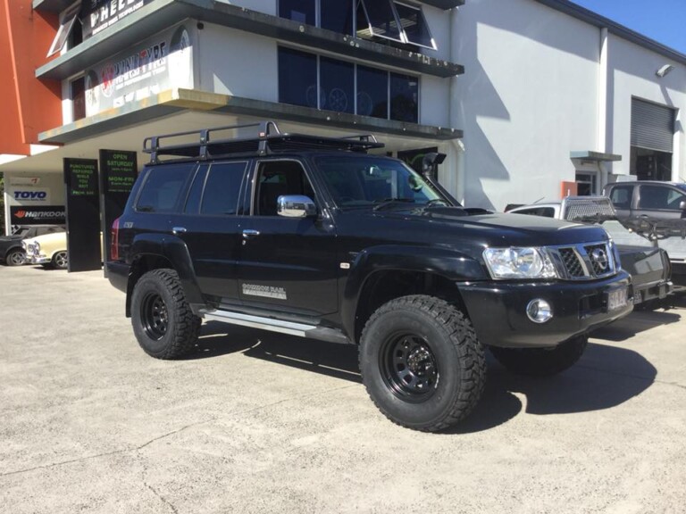 Nissan Patrol with 17-inch Dynamic black steel wheels and 35-inch Windforce mud tyres