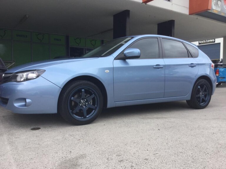 Subaru Impreza with 17-inch blue gunmetal SSW Drifter wheels