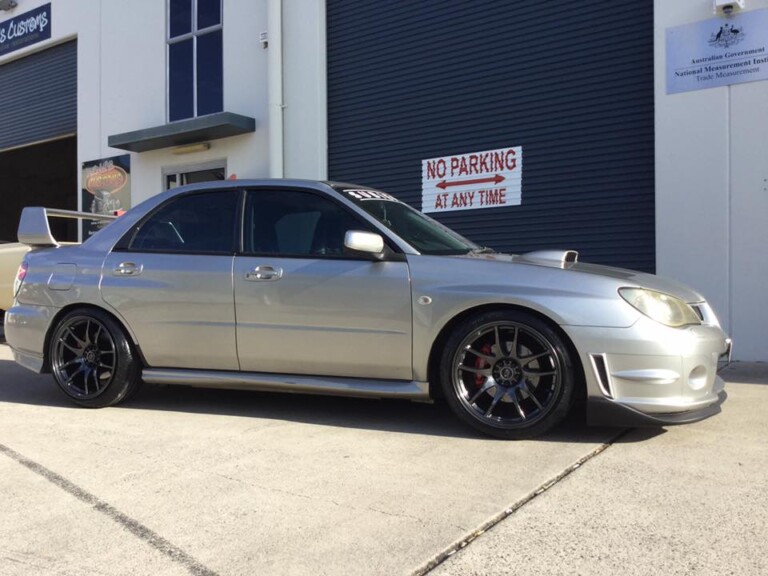 Subaru with 18-inch Rota wheels and BC coilovers