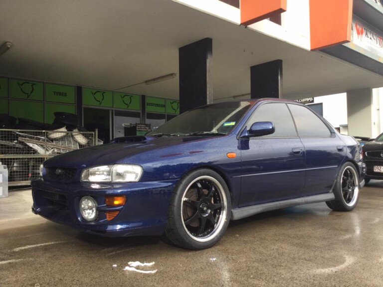 Subaru WRX with XYZ Coilovers, Whiteline bars, new bushes, 18-inch Motegi Racing FF7 rims and Nitto NT01 tyres