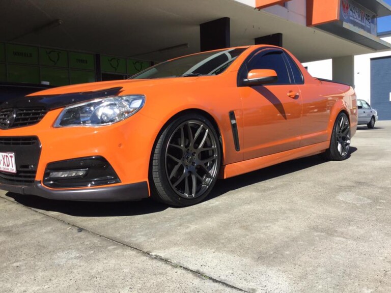 SV6 Commodore ute with staggered 20-inch SSW M-Spec wheels in gunmetal grey and XYZ coilovers