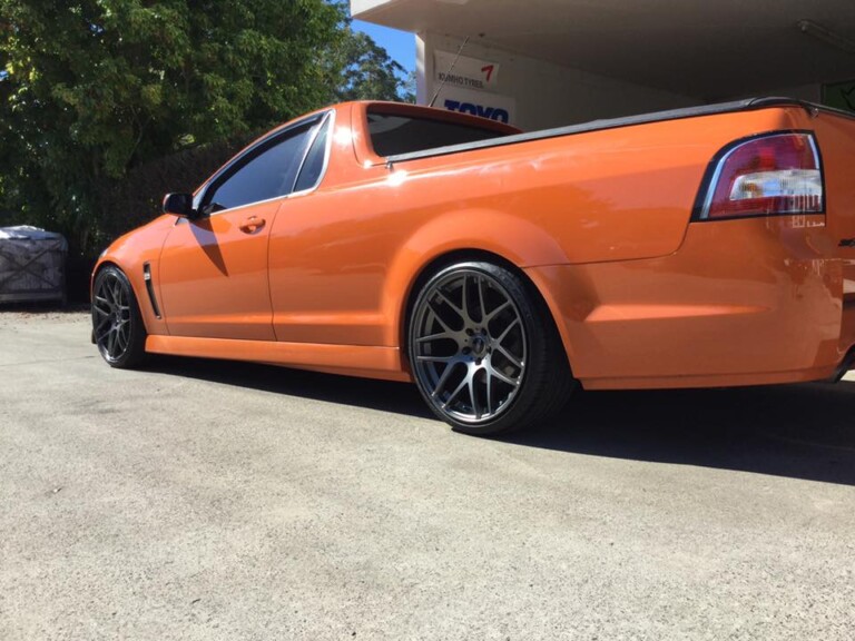 SV6 Commodore ute with staggered 20-inch SSW M-Spec wheels in gunmetal grey and XYZ coilovers