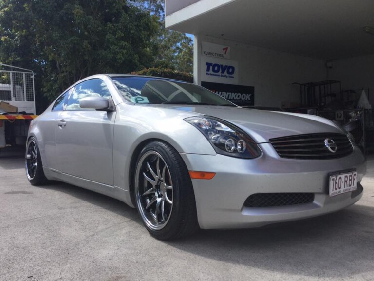 V35 Nissan with staggered 19-inch Aodhan DS02 wheels in Vacuum Black
